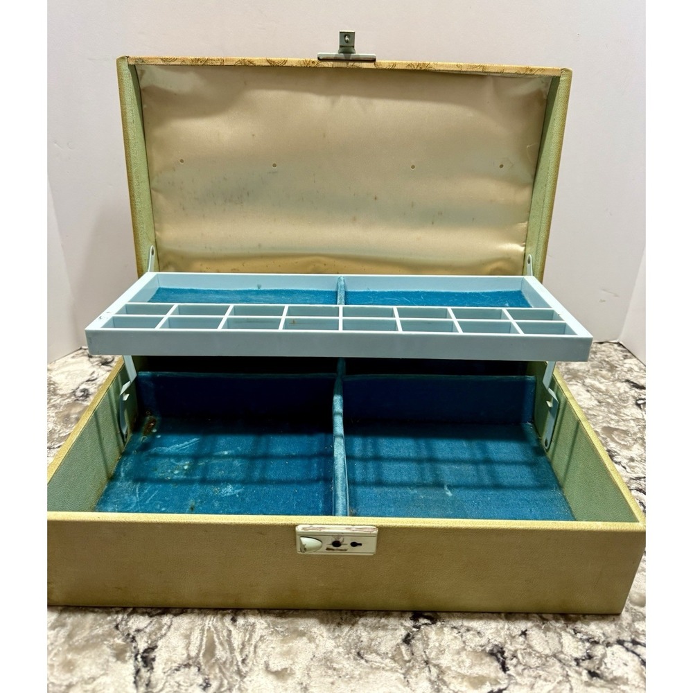Vintage 1950's Farrington Jewelry Box 14x9x4" Gold Fabric Blue Velvet Lined